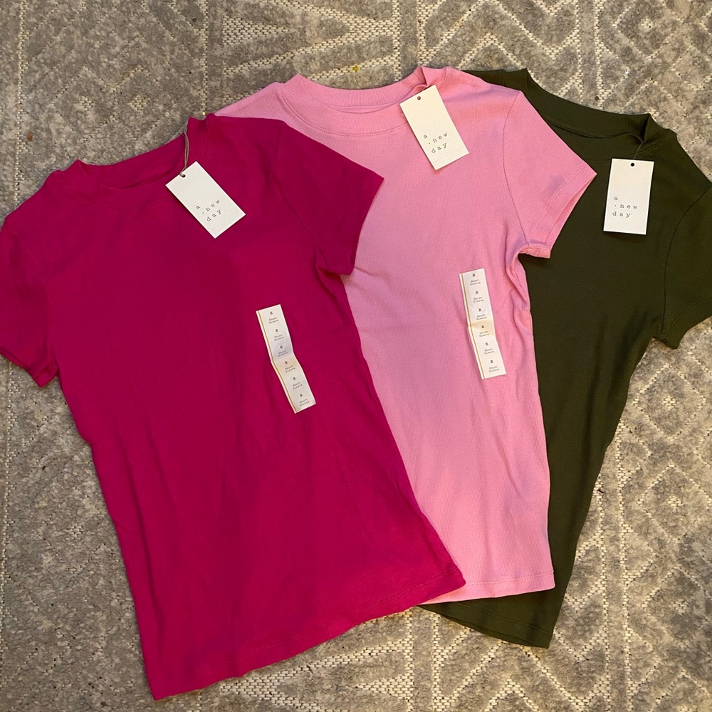 A New Day ribbed slim-fit tshirt bundle. Pink, light pink & olive. Women’s S.